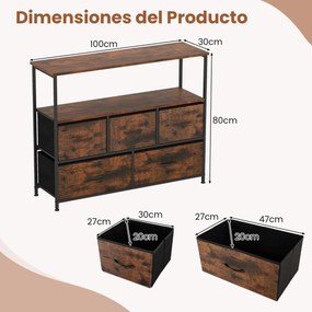 Cômoda para quarto com 5 gavetas 100 × 30 × 80 cm com 2 prateleiras abertas de madeira e estrutura metálica resistente Castanho
