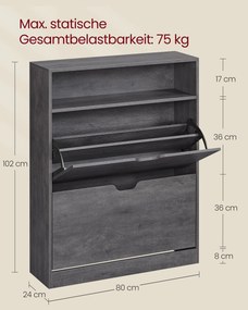 Sapateira com 2 portas e compartimento aberto 24 x 80 x 102 cm, cinzenta