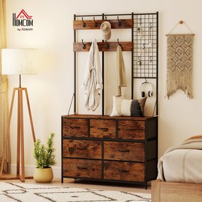 Suporte para Cabides Móvel de Arrumação com Sapateira 14 Ganchos 7 Gavetas de Tecido e Prateleira 100x30x183 cm Castanho Rústico
