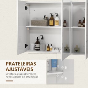 Armário Casa de Banho com Espelho e Luz LED com 3 Portas Prateleiras Ajustáveis e Interruptor Tátil 90x15x70 cm Branco Brilhante