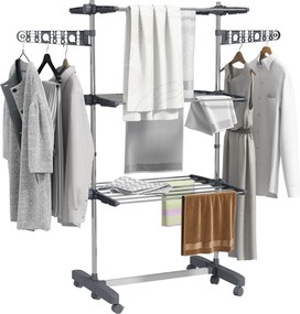 Estendal de roupa dobrável com abas laterais, para uso interior e exterior, 3 níveis, 142 x 55 x 152 cm, cinzento