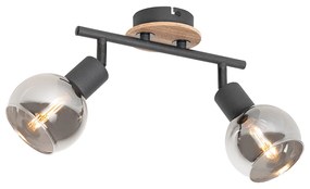 Candeeiro de teto preto com vidro fumê e madeira 2-luzes - Vidro