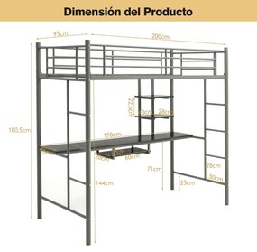 Cama alta com secretária infantil, 2 escadas bilaterais e 2 prateleiras de arrumação estrutura Prata