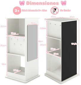 Estante giratória infantil de canto 47 x 47 x 104,5 cm com quadro negro, ganchos e compartimentos abertos Torre organizadora branca