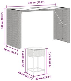 9 pcs conjunto de bar p/ jardim c/ almofadões vime PE cinzento