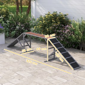 Rampa de agilidade para cães 335x55x60 cm, equipamento de agilidade para cães, barras de segurança com superfície antiderrapante cinzento