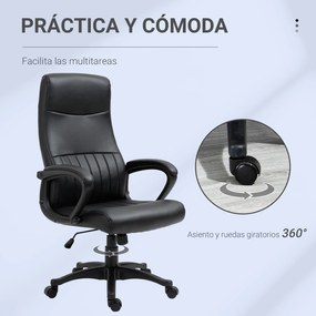 Vinsetto Cadeira de Escritório Ergonômica Cadeira de Escritório Basculante e Giratória 360° com Altura Ajustável Encosto Alto e Apoio para os Braços Pele Sintética 61,5x66x113-123cm Preto