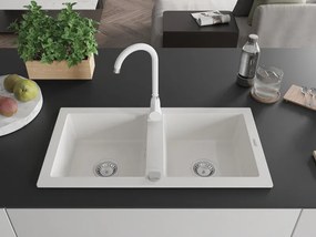Mexen Mario lava-louça de granito de 2 cubas com torneira de cozinha Telma, branco - 6504-20-670200-20
