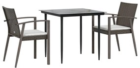 3 pcs conjunto de jantar p/ jardim c/ almofadões vime PE e aço
