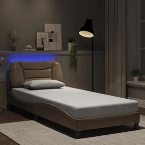 vidaXL Estrutura cama c/ luzes LED 90x190 cm couro artif. cappuccino