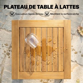 Mesa de jardim quadrada 48 x 48 x 46 cm em madeira maciça de acácia, com tampo de ripas, pés ajustáveis natural