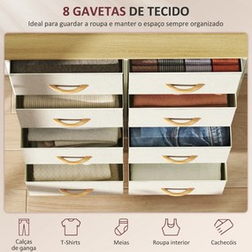 Cómoda Alta de Tecido com 8 Gavetas 4 Bolsos Laterais 2 Ganchos e Estrutura de Aço 86x30x94,5 cm Bege