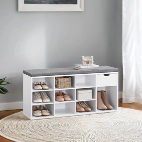 Banco para sapatos com compartimentos abertos 104 x 30 x 48 cm branco e cinzento