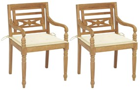 vidaXL Cadeiras Batávia c/ almofadões cor creme 2 pcs teca maciça