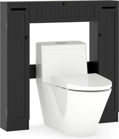 Estante sobre sanita 89 x 19,5 x 99 cm de casa de banho com prateleiras ajustáveis com suporte para papel higiênico Porta basculante Preto