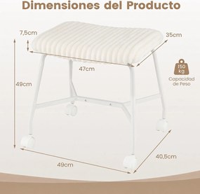 Conjunto de 2 Bancos com Rodas, 49 x 40,5 x 49 cm, Assento Acolchoado, Branco