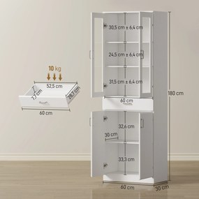 Armário de cozinha 60x35x180 cm, 4 portas, das quais 2 em vidro, gavetas, prateleiras ajustáveis, branco