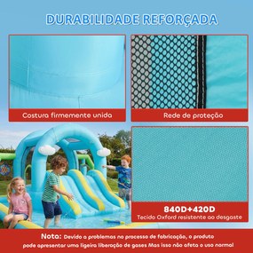 Castelo Insuflável Aquático 7 em 1 com Insuflador 450W 2 Escorregas Trampolim Piscina Cesto Coluna de Boxe 426x360x198 cm Multicor