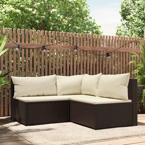 vidaXL 3 pcs conjunto lounge jardim c/ almofadões vime PE castanho