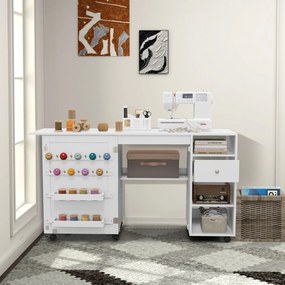 Armário de costura Mesa de costura dobrável com prateleiras, tabuleiros, ganchos, secretária para máquina de costura com 6 rodas bloqueáveis Branco