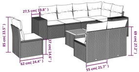 9 pcs conjunto sofás p/ jardim com almofadões vime PE cinzento