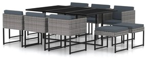 313101 vidaXL 11 pcs conjunto jantar exterior com almofadões vime PE cinzento
