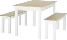 Conjunto de mesa de jantar de 3 peças com 2 bancos encaixáveis para 4-6 pessoas, estilo contemporâneo, em aglomerado cor carvalho e branco