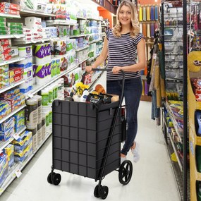 Carrinho de compras com forro oxford 120 l metal carrinho portátil dobrável duplo para carga de lavandaria de supermercado 40 kg 61 x 60 x 102 cm preto
