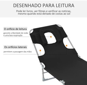 Outsunny Espreguiçadeira de Jardim Reclinável e Dobrável com Orifício de Leitura Apoio para Cabeça e Encosto Ajustável em 4 Níveis para Praia 182x56x24,5 cm Preto