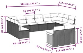 12 pcs conjunto de sofás p/ jardim com almofadões vime PE bege