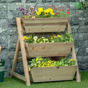 Outsunny Horta de Escada de 3 Níveis Horta de Madeira com Tecido não tecido e Orifícios de Drenagem Horta para Plantas Flores Ervas 71x61x77cm Madeira Natural