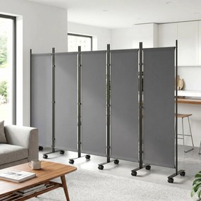 Biombo de Privacidade Dobrável de 5 Painéis, 252 x 40 x 170 cm, Com 12 Rodas, Cinzento-Escuro
