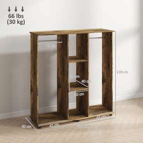 Guarda roupa aberto móvel de arrumação com rodas, 6 rodas, 120 x 40 x 128 cm, em madeira castanha