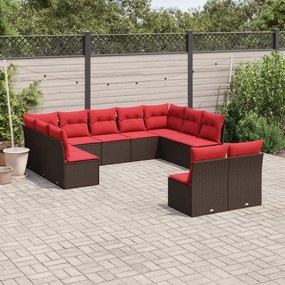 vidaXL 11 pcs conjunto sofás de jardim c/ almofadões vime PE castanho