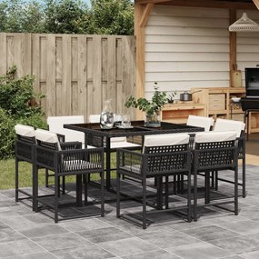 vidaXL 9 pcs conjunto de jantar p/ jardim c/ almofadões vime PE preto