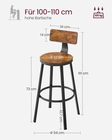 Conjunto de 2 bancos de bar 54 x 99 cm com design industrial castanho vintage-preto