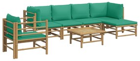 7 pcs conjunto lounge de jardim bambu c/ almofadões verdes