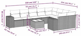 10 pcs conj. sofás jardim com almofadões vime PE cinzento-claro