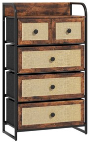 HOMCOM Cómoda de Tecido Cómoda para Dormitório com 5 Gavetas com Frente em Vime e Prateleira 58x29x99 cm Marrom Rústico | Aosom Portugal