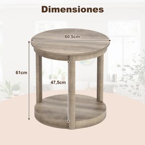 Mesa de centro redonda, mesa apoio, mesa cabeçeira 60,5 x 61 cm com 2 níveis em madeira de caucho Mesa auxiliar estilo rústico cinzento
