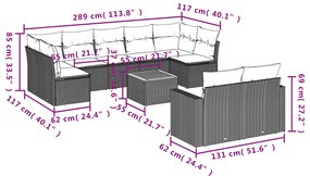 10 pcs conjunto sofás de jardim c/ almofadões vime PE cinzento