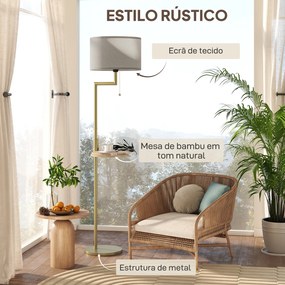 Candeeiro de Pé com Mesa Auxiliar Lâmpada E27 Máx. 40W Ecrã de Linho Interruptor de Corrente e Carregador USB Ø40x170 cm Dourado