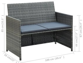 Sofá de jardim de 2 lugares com almofadões vime PE cinzento