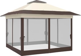 Tenda de jardim pop-up 3,64 C x 3,64 L x 2,98 A m dobrável em aço e poliéster com redes mosquiteiras + saco de transporte com rodas em cáqui e castanh