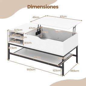 Mesa de centro elevável 99,5 x 49,5 x 47,5 cm com compartimento oculto com prateleira de armazenamento elevável Branca
