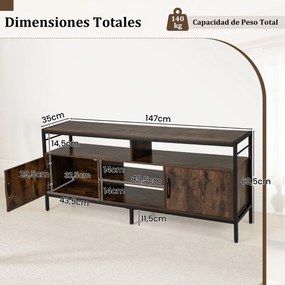 Móvel para TV até 65" com 2 armários e 4 prateleiras abertas, em madeira com pés de metal 147 x 35 x 63,5 cm Castanho rústico