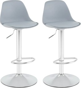 Conjunto de 2 bancos giratórios de bar com encosto ajustável em altura, estofados em couro sintético e apoio para os pés cinza e prata
