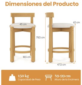 Conjunto de 2 bancos altos de bar estofados em veludo Teddy com encosto e apoio para os pés em madeira Natural+Branco