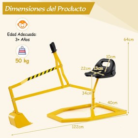 Escavadora infantil de brincar com pá giratória e guiador, para terra, neve e praia 122 x 40 x 64 cm amarelo