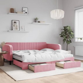 Sofá-cama com gavetão e gavetas 100x200 cm veludo rosa